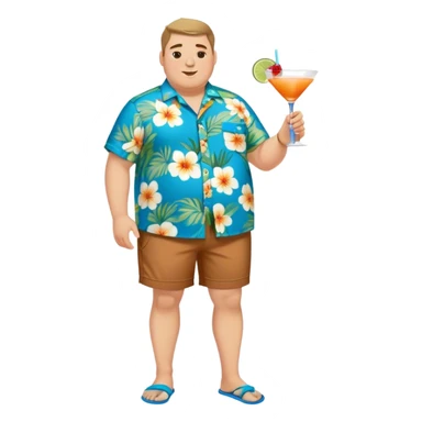 chubby guy full figure in a flowered azure havai shirt, brown shorts and flippers holding a cocktail sticker