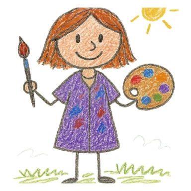 Serene female oil painter, Caucasian features, shoulder-length auburn hair, soft brown eyes, gentle smile, wearing a violet painter’s smock lightly stained with paint over a beige blouse, holding a wooden palette with vibrant colors in one hand and a brush in the other, waist-up, front-facing sticker