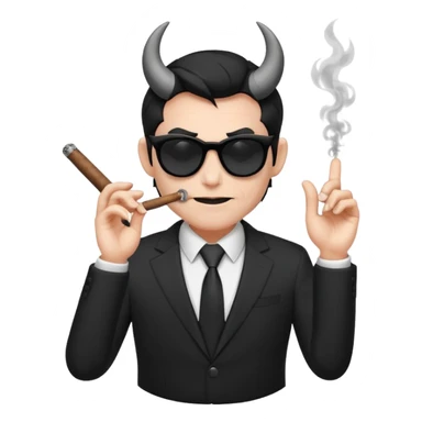Minimalist emoji-style sticker of a devilish producer in black suit, tiny horns, dark sunglasses, and a smoking cigar, grayscale tones, matte style sticker