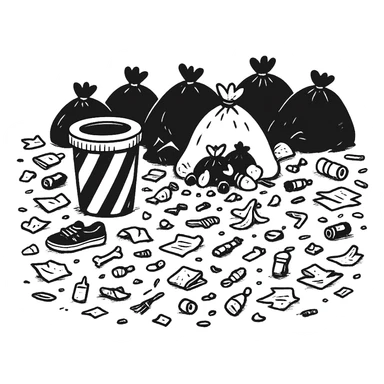 Make the trash on the floor look much messier, with more scattered items, in a hand-drawn doodle style, no background. sticker