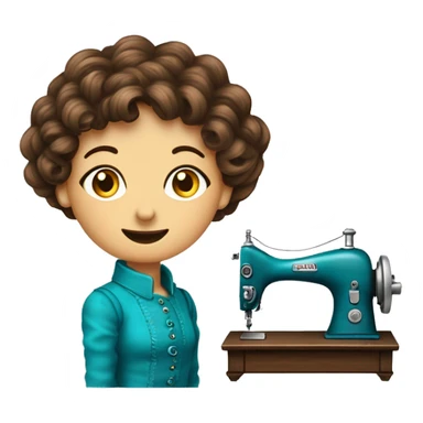 Senhora com cabelo castanho ondulado comprido costureira com máquina de costura antiga azul turquesa  sticker