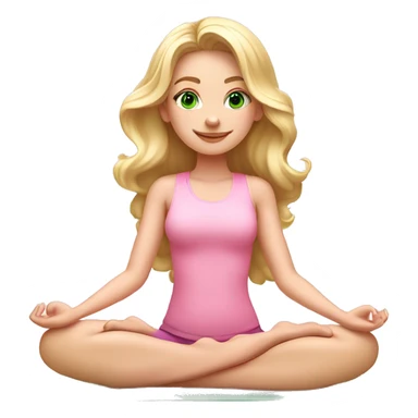 blonde long curled hair and green eyes yoga beautiful girl in light pink pink pink clothes sitting on a yoga mat sticker