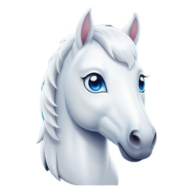 Cinematic Cute White Horse Portrait Emoji, Head tilted playfully and inquisitively, showcasing a glossy white fur with a luminous sheen and gentle, expressive blue eyes, Simplified yet irresistibly adorable features, highly detailed, glowing with a warm, friendly glow, high shine, affectionate and spirited, stylized with a touch of whimsy, bright and endearing, soft glowing outline, capturing the essence of a mischievous yet loving horse, so playful it feels like it could prance out of the screen and into your arms! sticker