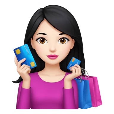 Girl with long black hair, pink lipstick, brown eyes holding shopping bags and blue credit card sticker