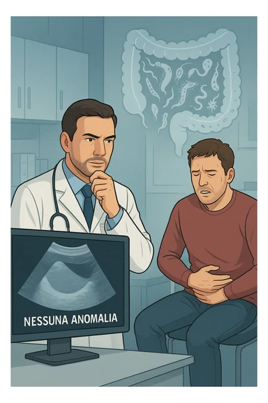 Medico in camice bianco in uno studio moderno, mentre osserva una TAC o ecografia su uno schermo con espressione convinta. Accanto a lui, un paziente seduto che lamenta dolori intestinali. Sullo sfondo, un’immagine traslucida dell’intestino pieno di piccoli parassiti stilizzati (vermi, protozoi), non visibili nel monitor medico. Il monitor mostra 'nessuna anomalia', ma dietro c’è la realtà invisibile. Atmosfera clinica ma con contrasto simbolico tra 'ciò che si vede' e 'ciò che sfugge'. Colori freddi, luce ospedaliera in italiano sticker