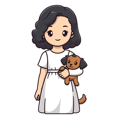 beautiful girl with long black hair in a white dress holding a small brown curly-haired dog sticker