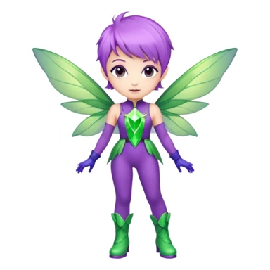 Fairy with violet pixie cut hair, green electric wings, light purple jumpsuit and purple boots with light purple gloves and a green gem on her chest sticker