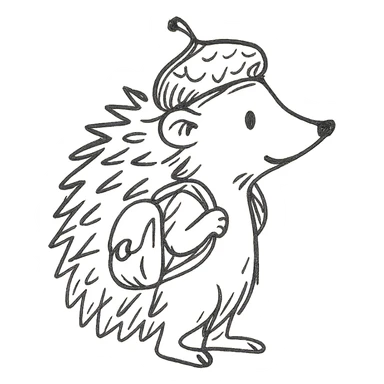 hedgehog with a tiny backpack and acorn hat, muted browns and sage green, hand-drawn forest style sticker
