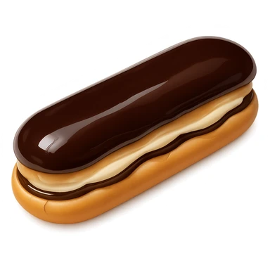 Add a glossy chocolate glaze on top of the dairy-filled eclair, keeping the style and background the same as the original image. sticker