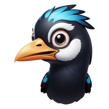 Cinematic Comical Magpie Portrait Emoji, Head tilted dramatically with an exaggeratedly shocked expression, featuring a vibrant, glossy form with wide, comically expressive eyes full of playful disbelief and a subtly animated beak, Simplified yet hilariously expressive features, highly detailed, glowing with a slightly sassy urban glow, high shine, dramatic yet playful, stylized with an air of cheeky mischief, soft glowing outline, capturing the essence of a meme-worthy magpie that looks ready to side-eye its way into viral fame! sticker