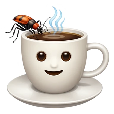 a white cup of coffee with a bug floating in it sticker