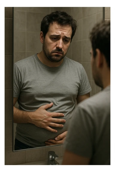 uomo che si guarda allo specchio triste mentre si tocca la pancia, pensieroso, iperrealistico 4k sticker