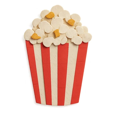 red and white striped movie theater popcorn bucket with buttered popcorn sticker