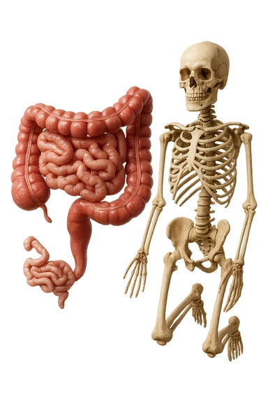 intestino umano anatomico e ossa umano anatomico fluttuano in aria, iperrealistico 4k sticker