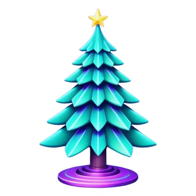 Futuristic glowing Christmas tree emoji with neon decorations, purple and cyan holographic glow, dark background, festive sparkles, no face. sticker