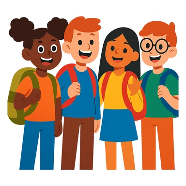 students with backpacks, friendly, diverse, cheerful sticker