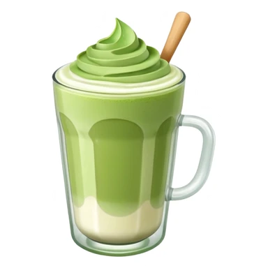 Matcha latte glossy 3D en vaso de vidrio minimalista, realista, estilo sticker, sin cara ni rasgos humanos, capas matcha y leche suaves, espuma ligera arriba, reflejos sutiles, fondo transparente. sticker