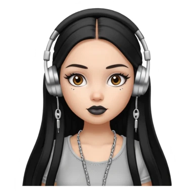 generate a pretty bratz girl with black long straight hair and silver headphones on, brown lipstick tattoo on shoulder, eyeliner on, silver hoops sticker