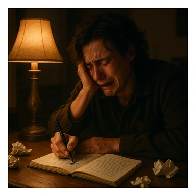 A cinematic scene: writer at a wooden desk, crying as they write in a notebook. Warm lamp, dim room, crumpled papers scattered. Tears smudge ink, emotional and artistic atmosphere. sticker