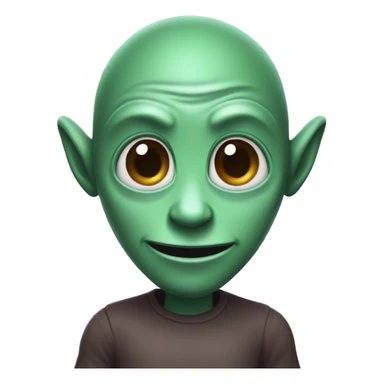 a darkgreen alien with brown hair, and purple eyes, with a modest smile, show hello with his hands,  sticker
