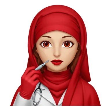 Lilith scalpel in hand, evil surgeon outfit.  She has red eyes. She has dark brown curly hair. Hair is long . Wears sexy doctor outfit with red gloves. Covers nose, neck and mouth with Muslim red burka sticker