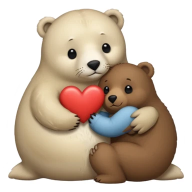 small white seal hugging a big brown bear with a heart in between them sticker