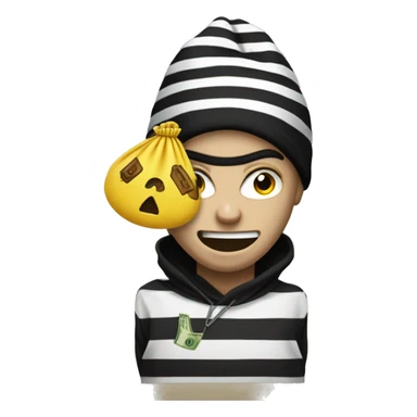 A robber emoji with black and white stripes t-shirt, a black beanie and a money bag sticker
