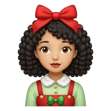 cute girl tan skin, curly black hair chin length, middle part, long eyelashes, cute cheeks, 5'2, outfit croquette style with bows and christmas theme sticker