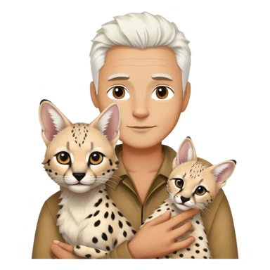 Man with white hair holding one African serval sticker