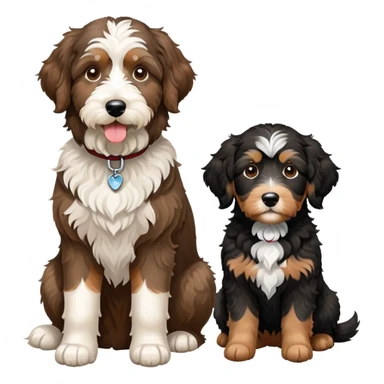 2 dogs: one light brown Aussiedoodle, one all-black Bernedoodle with white eyebrows some white markings, no brown coloring. Both same size. sticker
