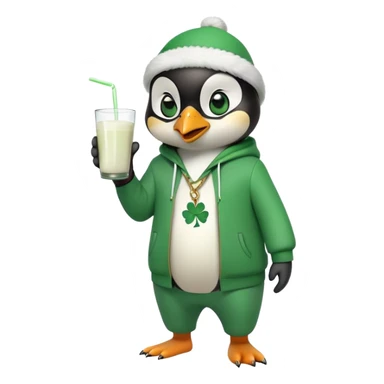 full body friendly anthropomorphised penguin wearing green mafia-style tracksuit, angry confident scheming stance, holding glass of milk, shamrock accessory sticker