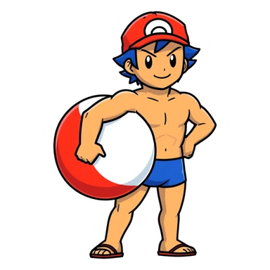 Hot handsome very muscular 6ft 5inch tall smiling happy fun shirtless Ash Ketchum coming out of a pokeball in short swimwear  sticker