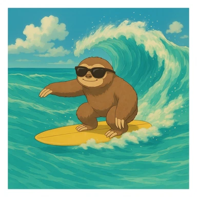 Add sunglasses to the sloth while surfing in ghibli style. sticker
