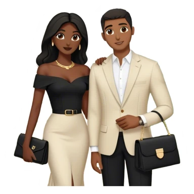 the Lebanese man dressed in all black, and the Palestinian woman in an elegant off-shoulder cream-colored outfit with a matching handbag. The background features a textured stone wall,and lush greenery, they are Arab couple  sticker