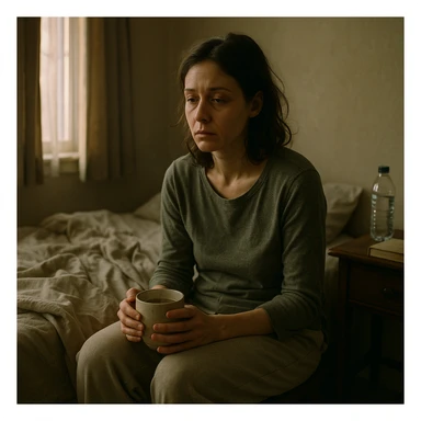 A cinematic, realistic morning scene: a woman in her early 30s, pale and tired, sits on her bed, slouched, with dark circles under her eyes. She wears loungewear, holds herbal tea, and is surrounded by a cozy, slightly messy bedroom—blanket, water bottle, book on the nightstand. Soft natural light from the window highlights her exhausted expression, conveying the invisible struggle of chronic fatigue syndrome with dignity and a gentle, compassionate aesthetic. sticker
