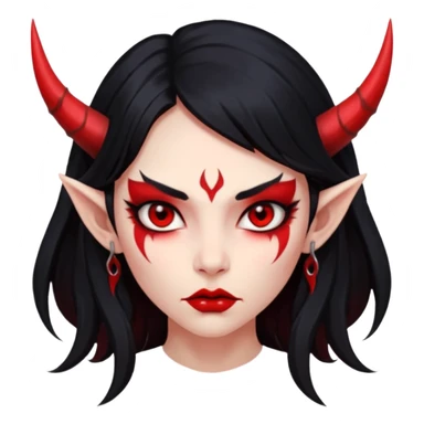 Head only: demon girl, 100% red skin, long black hair, small horns, sharp cheekbones, serious eyes, full lips, pointed ear; centered, no body, no text. sticker
