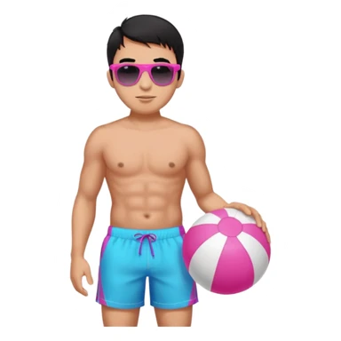 Hawaiian male with black hair with pink highlights and a swim short, with beach ball with sunglasses sticker