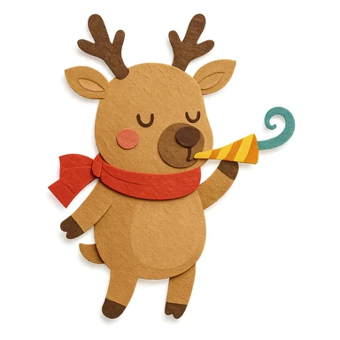 deer with ribbon scarf holding birthday horn in paper-craft style sticker