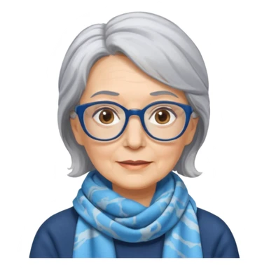 Older woman, shoulder length gray hair, wearing a scarf tied around hair, marbled blue rectangular glasses  sticker