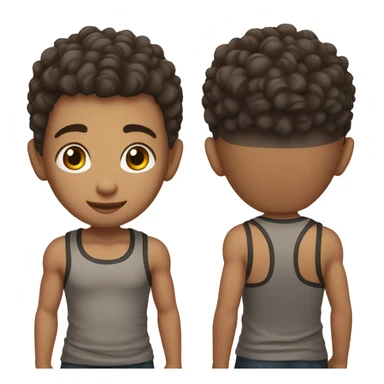 Boy with shaved hair on the sides and curly hair on top, dark brown eyes, wearing tank top sticker