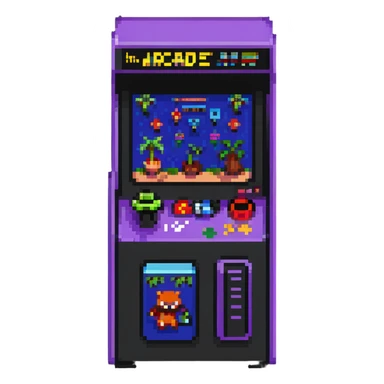 A retro pixel art arcade machine with 8-bit game characters on screen sticker