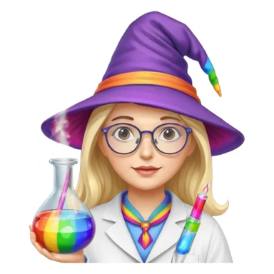 woman scientist with glasses, wearing wizard hat custome, with glass vase, rainbow sticker