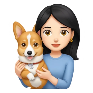 A black hair girl holding a corgi dog and a yellow dog sticker