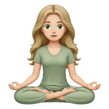 White girl, with long wavy dark blonde hair and hazel eyes, meditating wearing sage green sticker