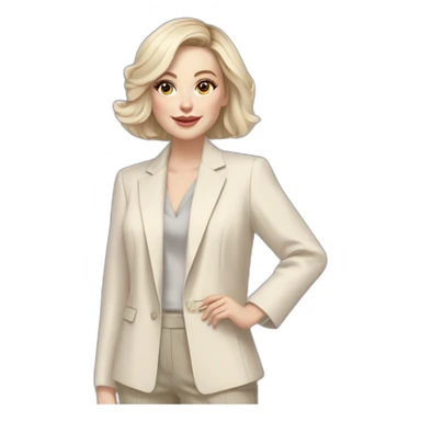 pale skin woman with ash blonde Straightened bob Hair, White Spacious classical jacket, beige palazzo Arrow pants and gray blouse holding a color palettes in the hands sticker