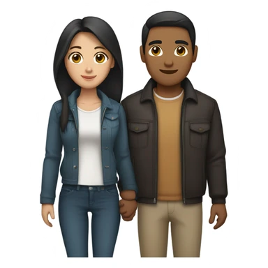 a couple holding hands. the guy has black middle part hair and is Persian and Filipino mix, wearing a jacket. the girl has brown medium length hair white and asian mix, wearing a crop top. sticker