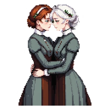 Two Victorian women with light eyes, one with bright pure white coiffed hair and one with dark copper coiffed hair, wearing Victorian turtleneck dresses, embracing tightly in an extremely sad, intimate hug sticker