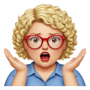 blonde woman with short curly hair, slightly overweight, wearing red-framed glasses, shouting with hands on sides of mouth, angry and proud expression sticker