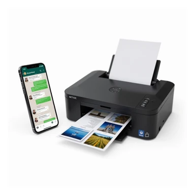 realistic thumbnail for a WhatsApp print out service, smartphone on the left with WhatsApp chat showing multiple file types, printer on the right printing out images and documents, white background sticker