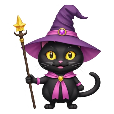 Gotito negro con ojos amarillo sonriendo feliz con los bigotes largos y disfraz de bruja de color rosa el disfraz con varita sticker